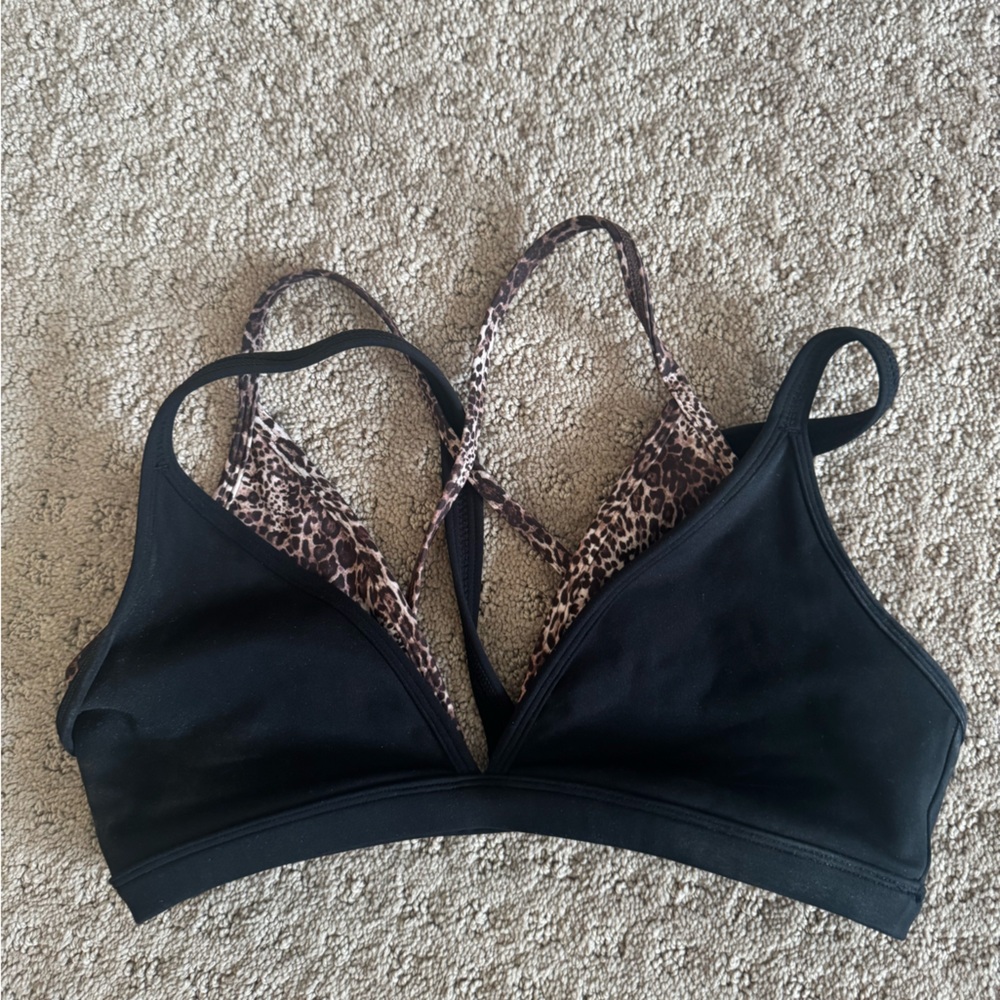 Black Leopard-Trim Sports Bra with Crossback Straps